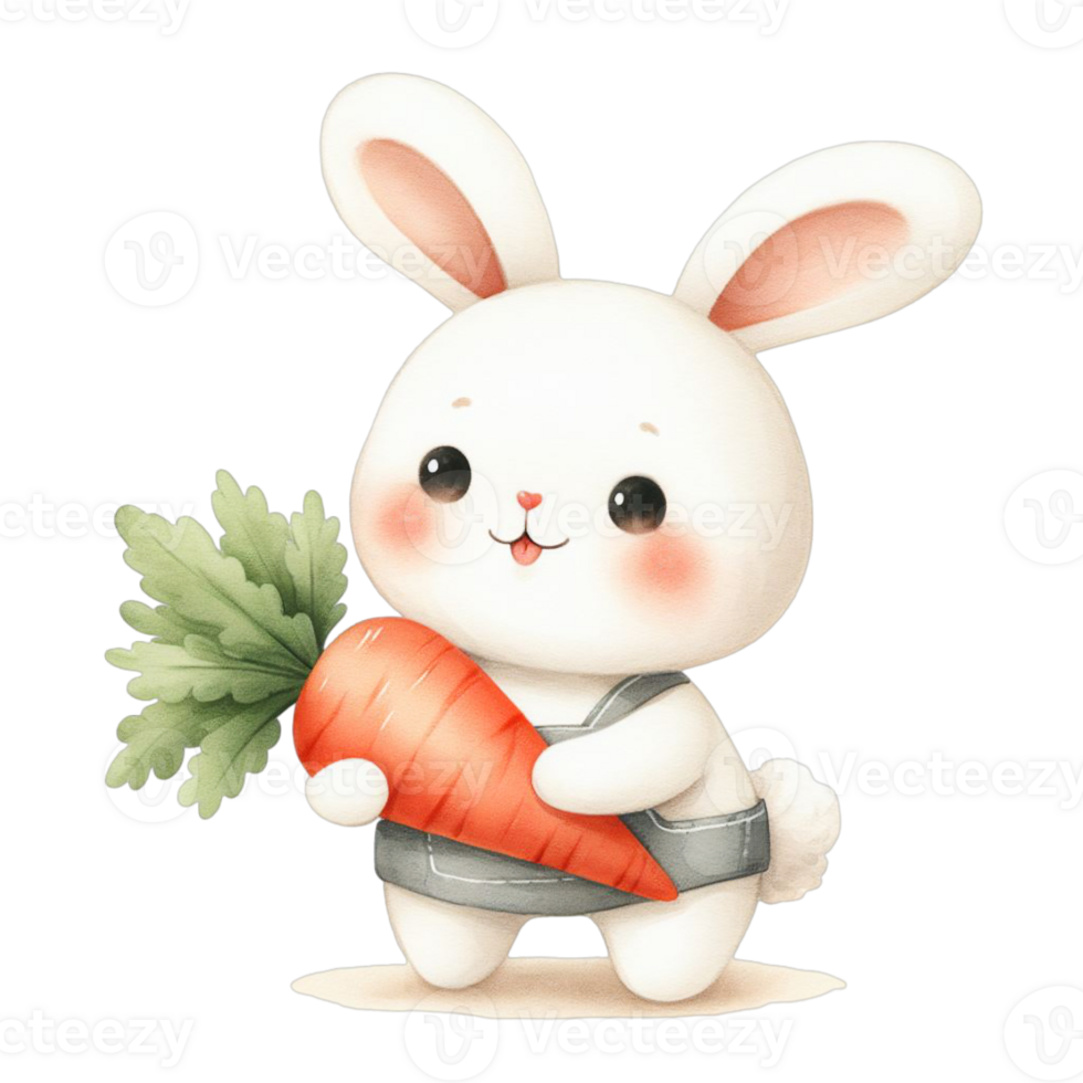AI generated A white bunny with fluffy fur is holding a large carrot in one paw and has a joyful expression png