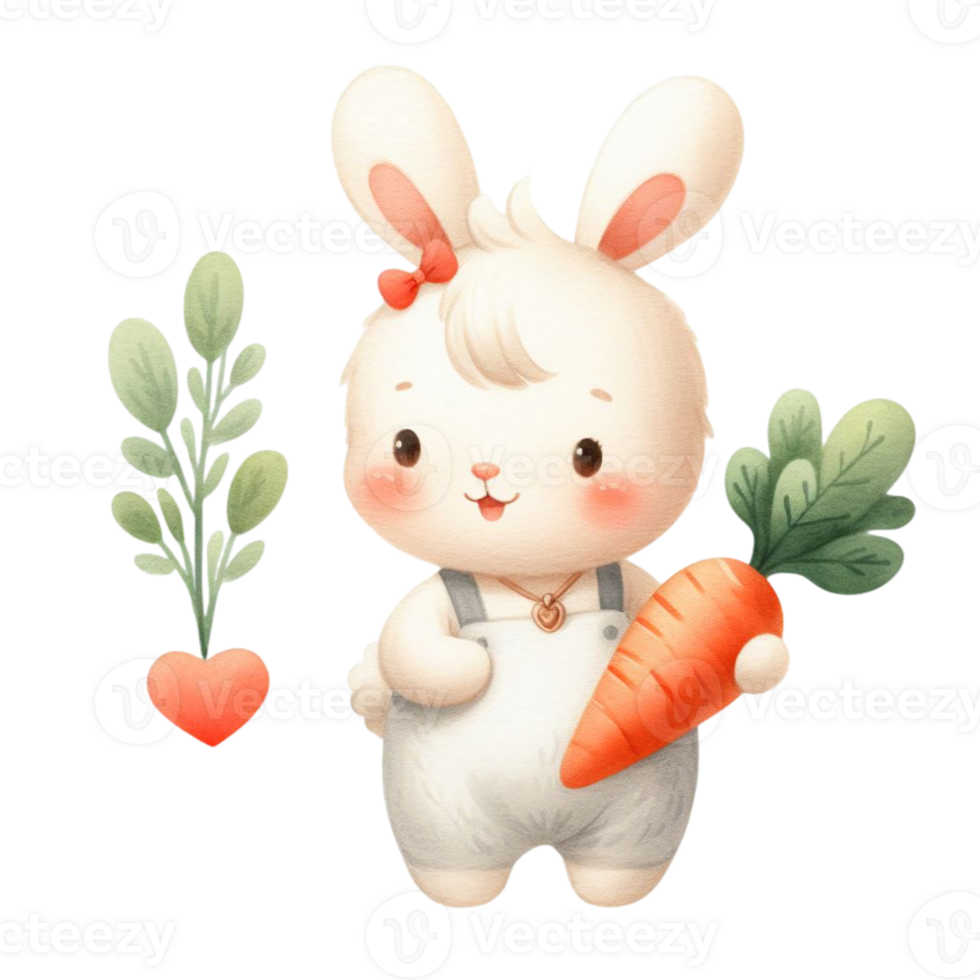 AI generated A white bunny with fluffy fur is holding a large carrot in one paw and has a joyful expression png