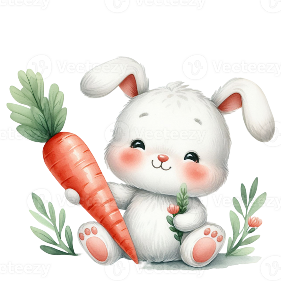ai generato un' bianca coniglietto con soffice pelliccia è Tenere un' grande carota nel uno zampa e ha un' gioioso espressione png