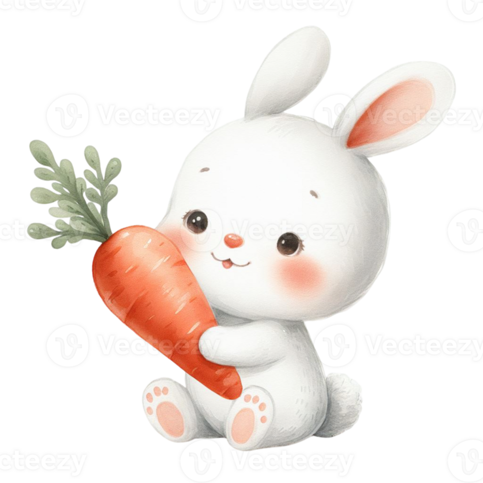 AI generated A white bunny with fluffy fur is holding a large carrot in one paw and has a joyful expression png