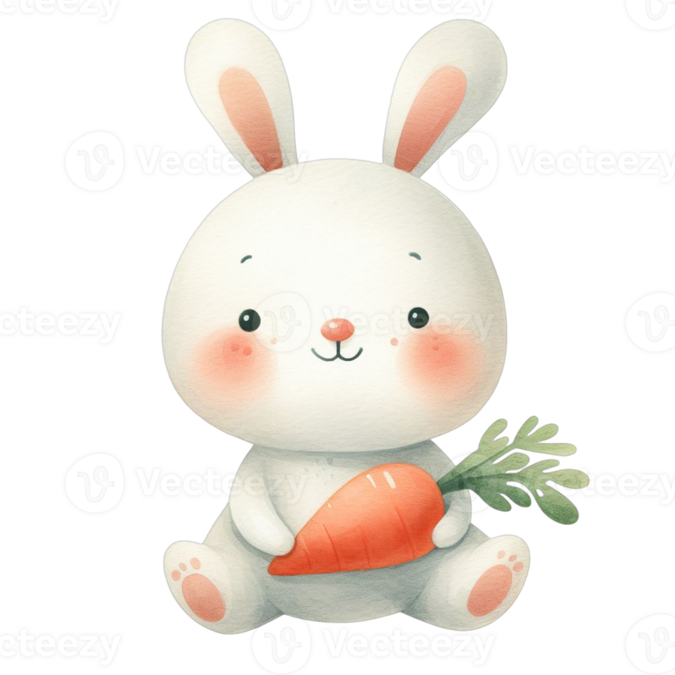 AI generated A white bunny with fluffy fur is holding a large carrot in one paw and has a joyful expression png