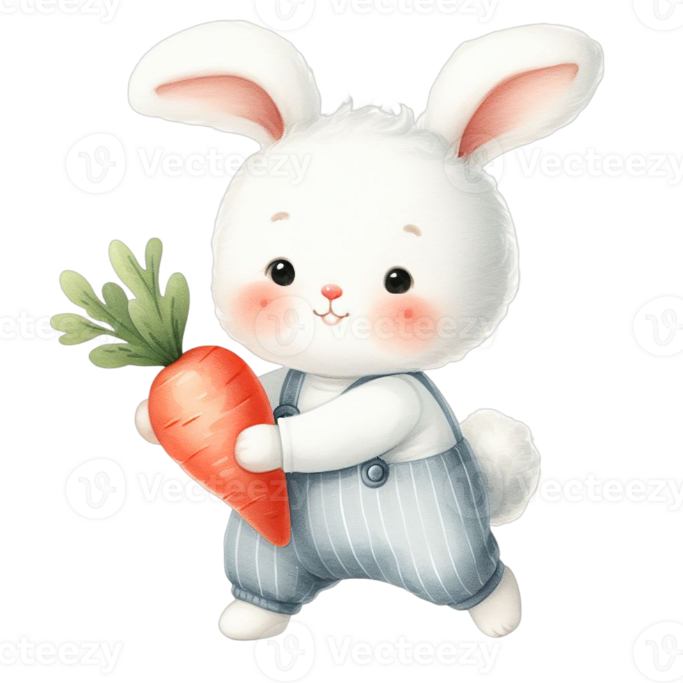 AI generated A white bunny with fluffy fur is holding a large carrot in one paw and has a joyful expression png