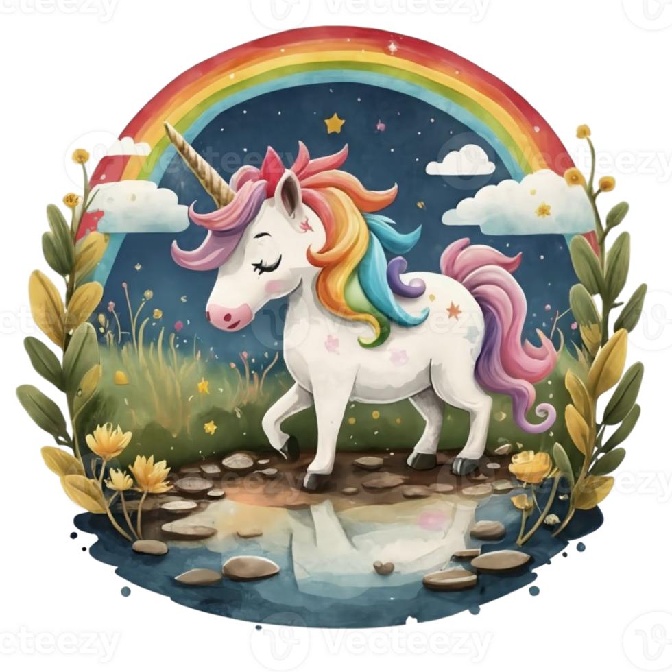 AI generated graphics of a   watercolor unicorn on a rainbow background png