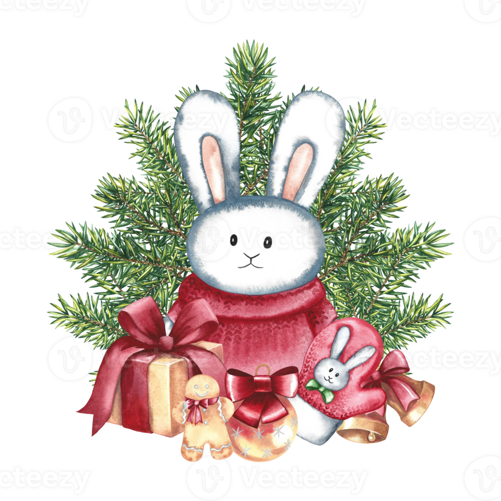 Bunny in a sweater near the Christmas tree with a gift and Christmas attributes. Handmade watercolor illustration. For packaging greeting and invitation cards, labels. For banner stands and posters. png