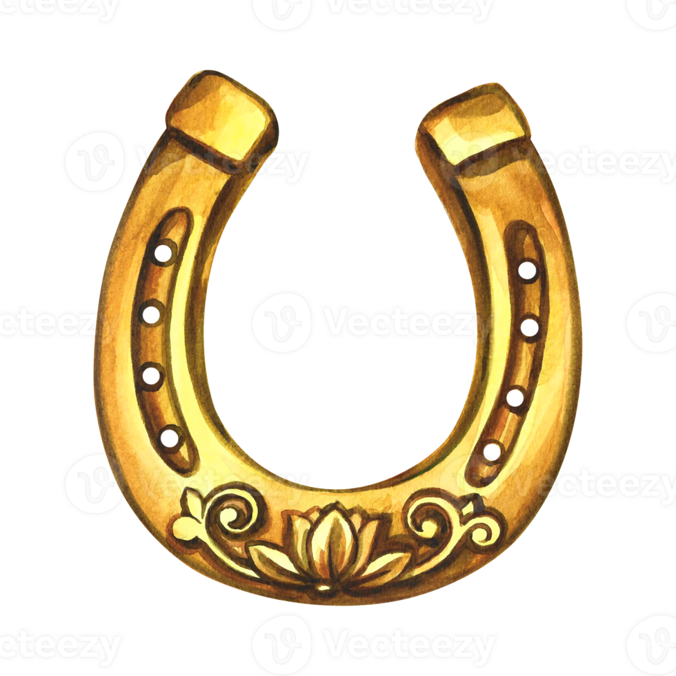 das Hufeisen ist golden. ein Symbol von gut Glück. handgemacht Aquarell Illustration. isolieren. zum Drucken, Aufkleber und Etiketten. zum Postkarten, druckt und Verpackung. zum Banner und Plakate. png