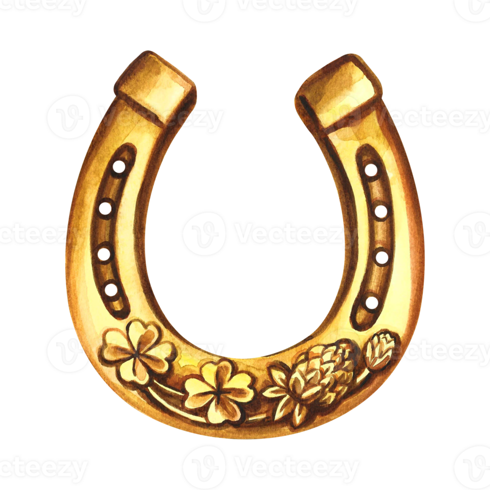 Horseshoe with four-leaf clover. A symbol of good luck. Handmade watercolor illustration. Isolate. For printing, stickers and labels. For postcards, prints and packaging. For banners, posters. png