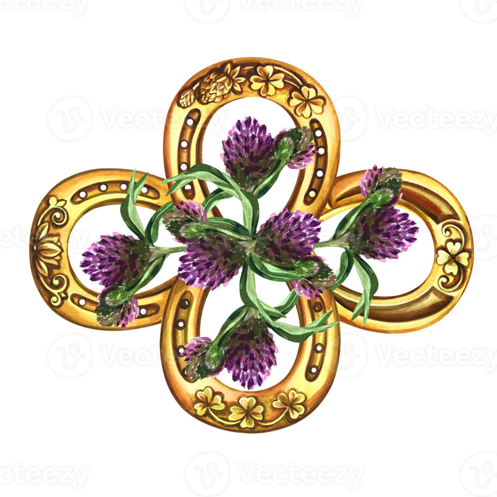 A composition of horseshoes and clover. A symbol of good luck. Handmade watercolor illustration. Isolate. For printing, stickers and label. For postcard, print and packaging. For pattern and talisman png