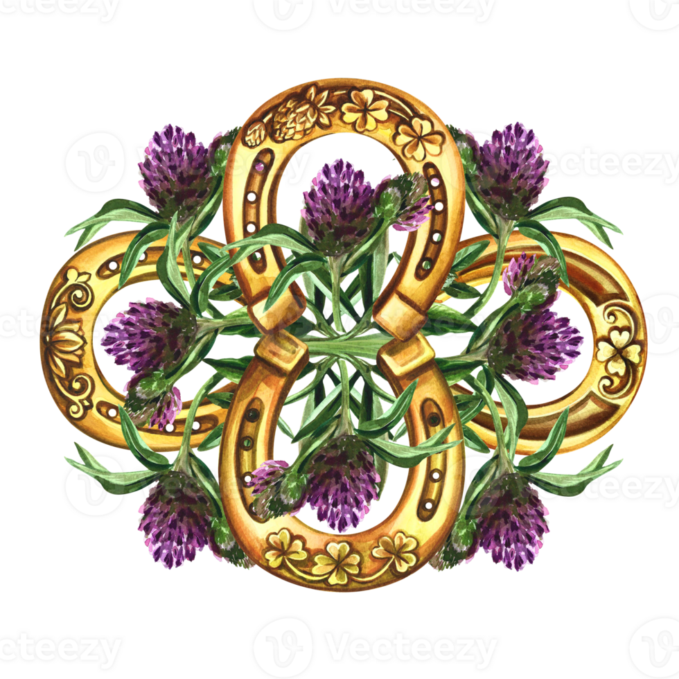 A composition of horseshoes and clover. A symbol of good luck. Handmade watercolor illustration. Isolate. For printing, stickers and label. For postcard, print and packaging. For pattern and talisman png