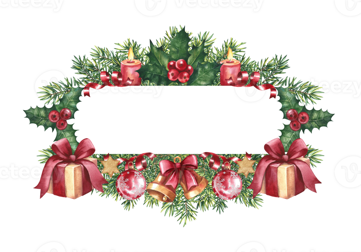 A festive frame for a Christmas card. With a Christmas tree, holiday decorations and gifts. Handmade watercolor illustration. Christmas template for ticket, flyer, greeting card and invitation. png