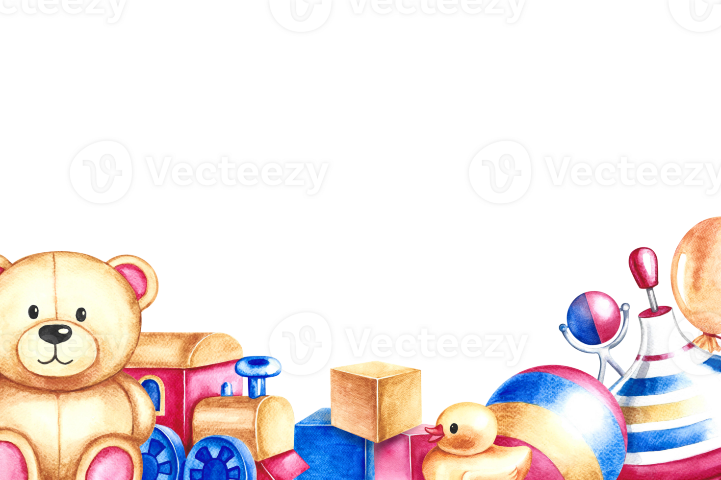 Banner with children's toys. A ball and a spinning top, cubes and a teddy bear, a train. Handmade watercolor illustration. For the design of children's books, postcards and flyers. For banners, labels png