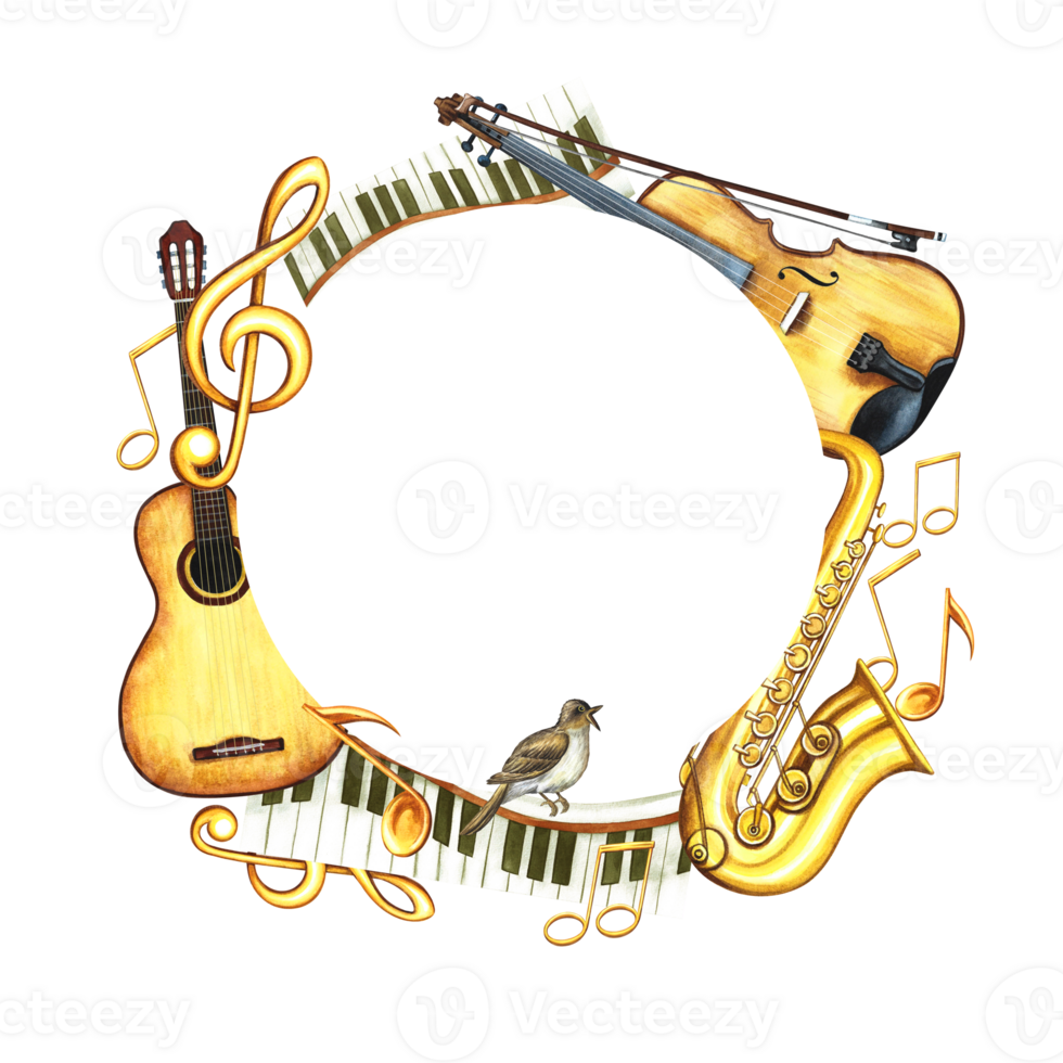 A round musical frame with an image of a guitar, saxophone and violin, as well as piano keys. The illustration is made by hand in watercolor. For posters, flyers, invitation cards and packaging. png