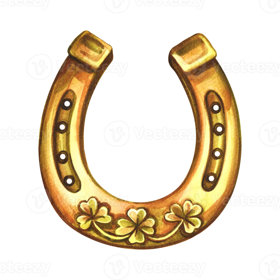 Horseshoe with four-leaf clover. A symbol of good luck. Handmade watercolor illustration. Isolate. For printing, stickers and labels. For postcards, prints and packaging. For banners, posters. png