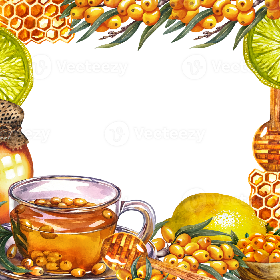 Frame with sea buckthorn tea. Glass cup with vitamin tea, lemon and honey. Handmade watercolor illustration. For invitations, banners, flyers, packaging and menus. For pharmaceutical labels, posters. png