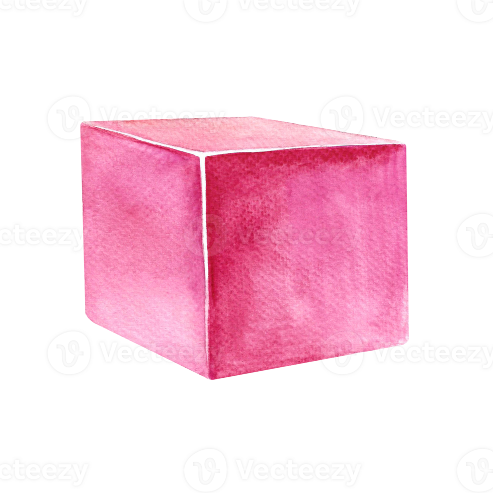 Pink cube. A child's toy. Handmade watercolor illustration. Isolate. For compositions of postcards, banners, stickers and decorations, labels, packaging and prints. png