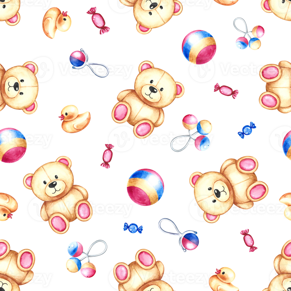 Seamless pattern with children's toys. Teddy bears, balls and rattles. Handmade watercolor illustration. For packaging paper, textiles, children's clothing, greeting cards, labels, packages. png