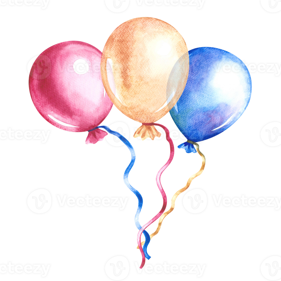 Festive balloons are tied in a bundle. Blue, yellow and pink. Handmade watercolor illustration. For packaging paper, textiles, greeting cards, labels, packages. For holiday decorations. png