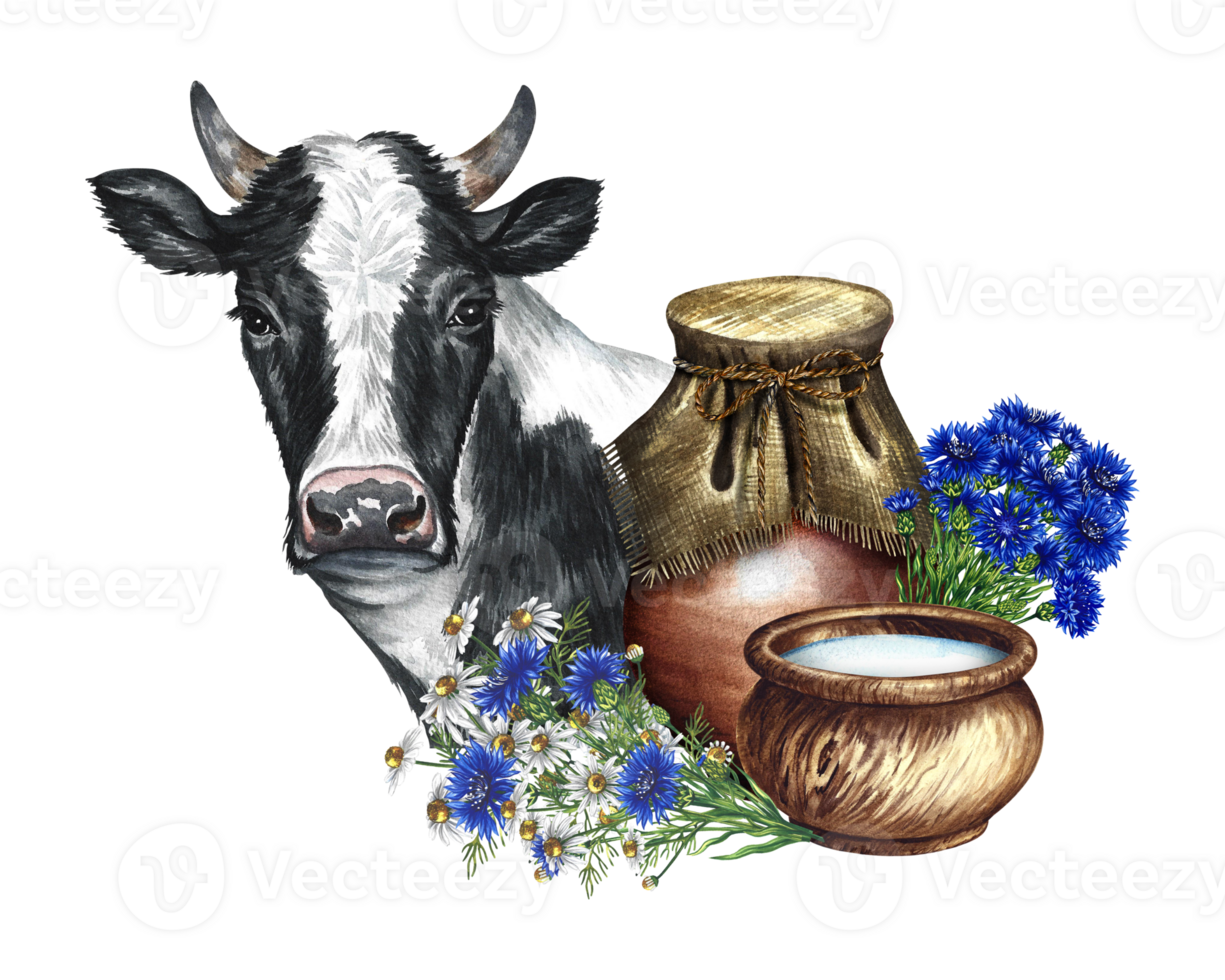 Portrait of a cow and dairy products in ceramic and wooden dishes. A hand-drawn watercolor illustration. For advertising banners, labels of dairy products packages. For posters, prints, business cards png