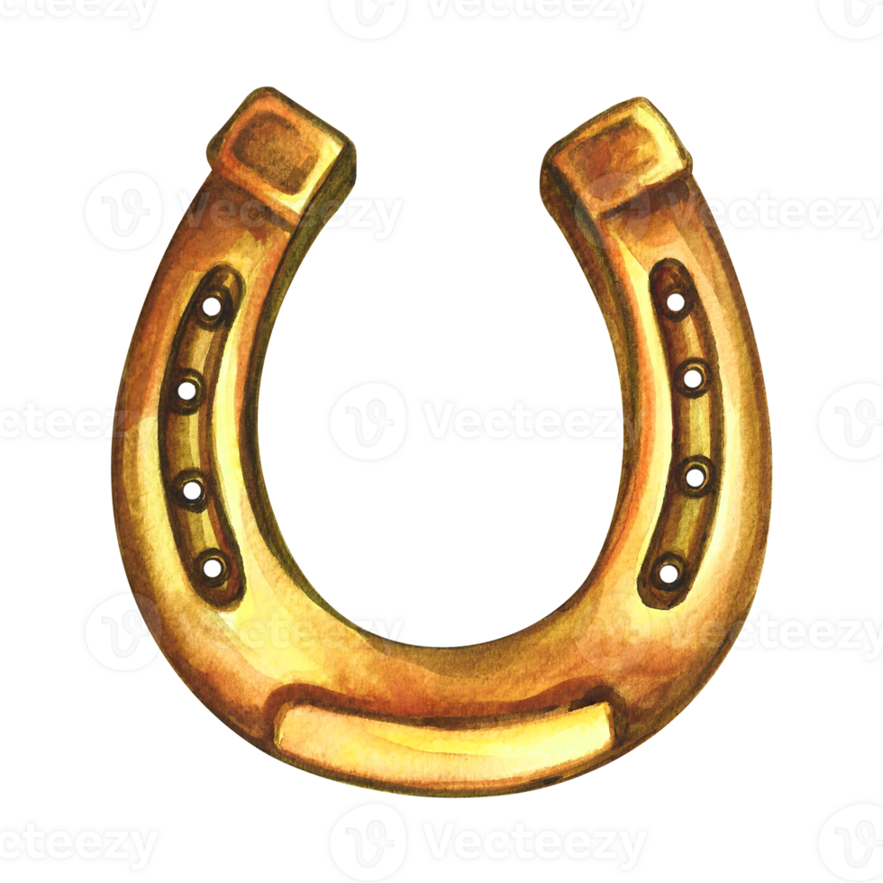 The horseshoe is golden. A symbol of good luck. Handmade watercolor illustration. Isolate. For printing, stickers and labels. For postcards, prints and packaging. For banners and posters. png