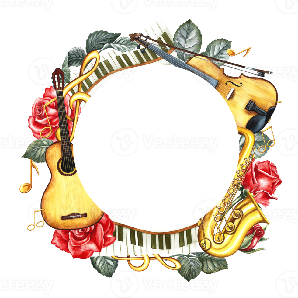 A round musical frame with an image of a guitar, saxophone and violin, as well as piano keys and roses. The illustration is made by hand in watercolor. For posters, flyers, invitation cards, packaging png