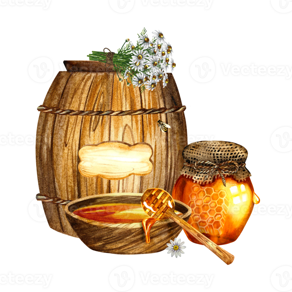 Honey in a glass jar and in a wooden barrel with a bouquet of field daisies. Wooden cup with a spoon for honey. Watercolor illustration, hand-drawn. For packaging, postcards and flyers. png