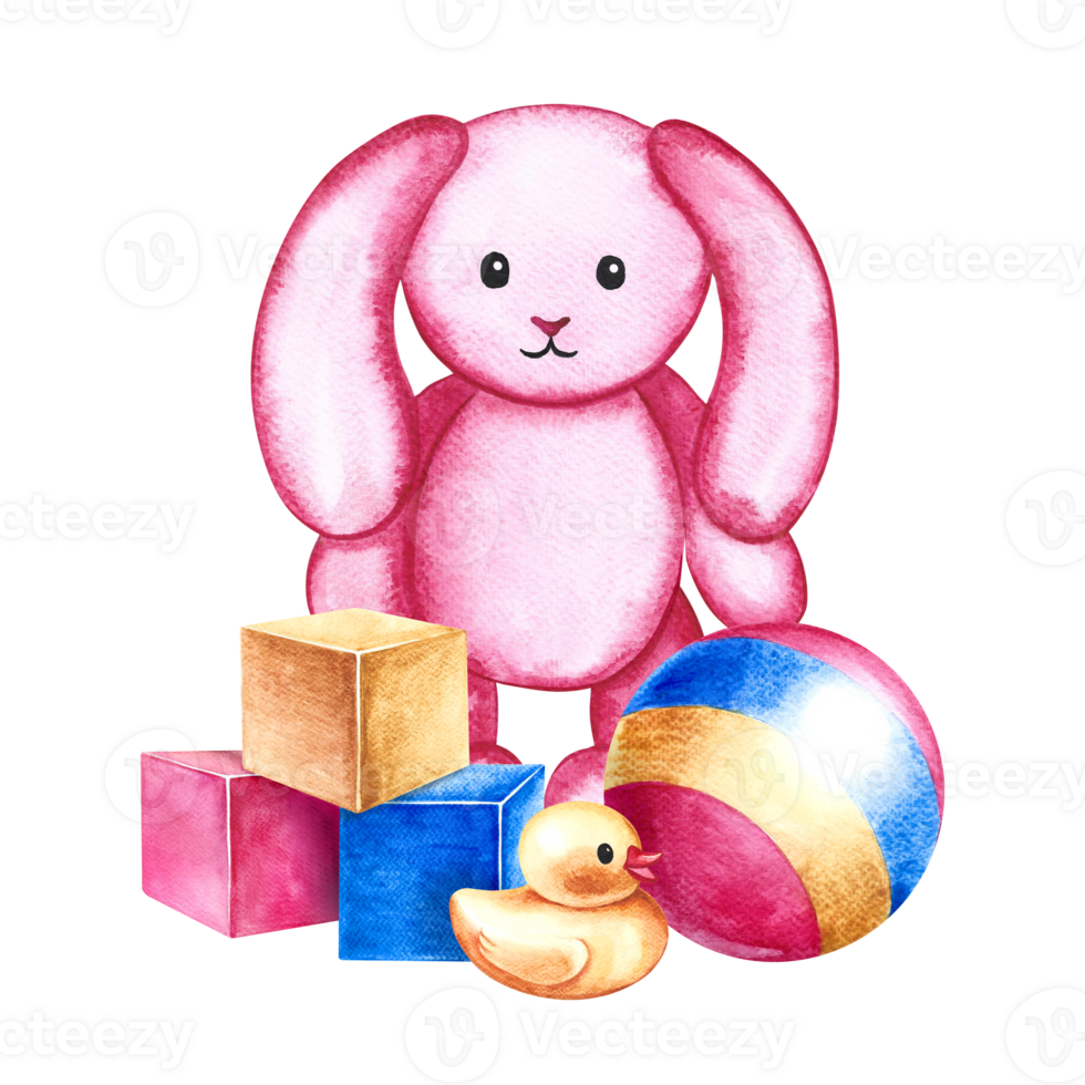 Children's toys - a ball, cubes and a plush rabbit. Handmade watercolor illustration. For the design of children's books, postcards and flyers. For of packaging of children's goods, for greeting cards png