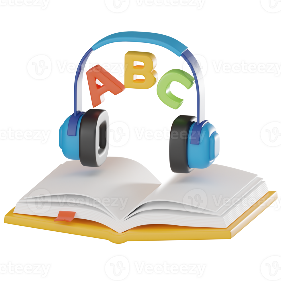 Audio Learning, 3D Icon of Headphones and Books for E-Learning Enthusiasts. 3D Render png