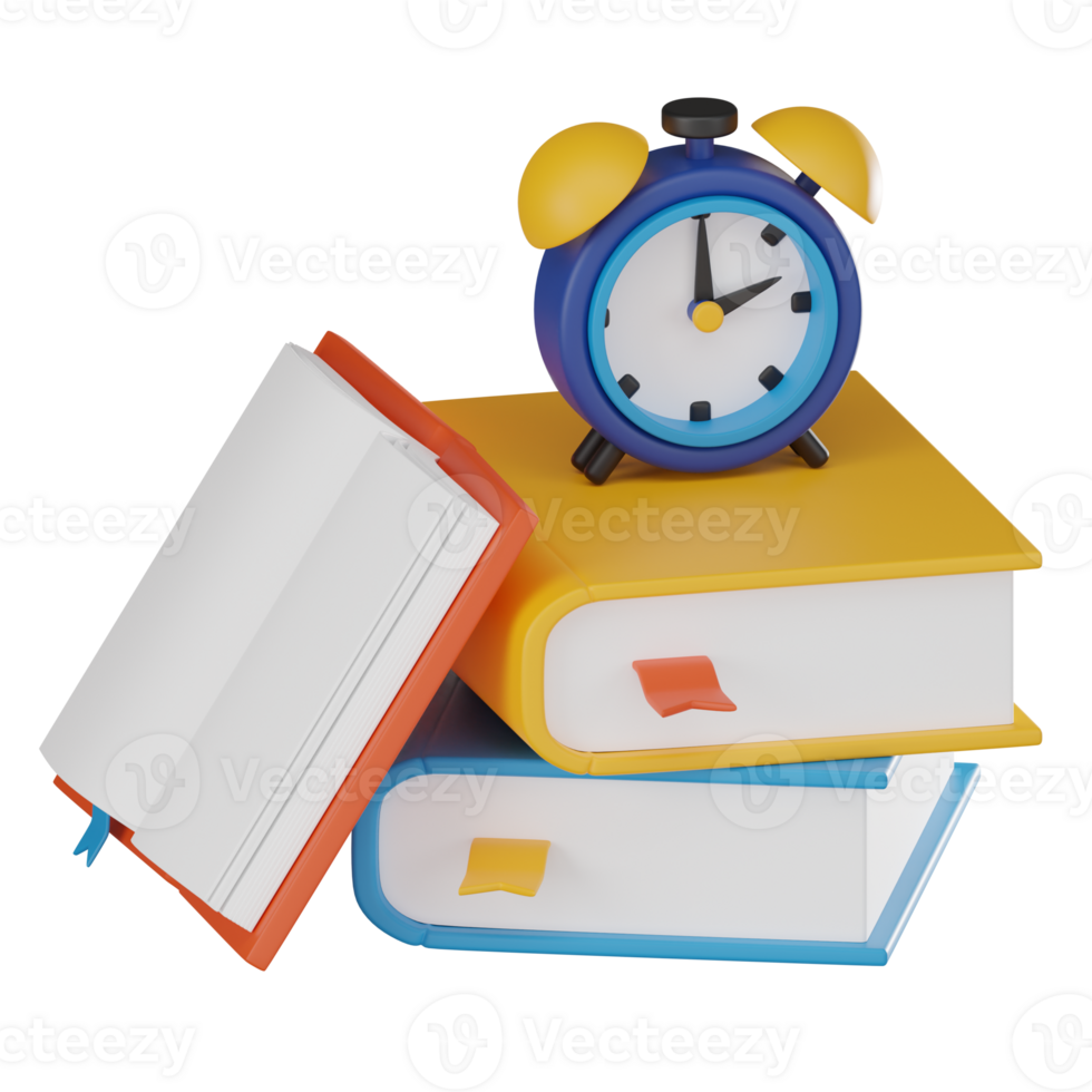 Time to Study, 3D Icon of Books with Alarm Clock for Education. 3D Render png