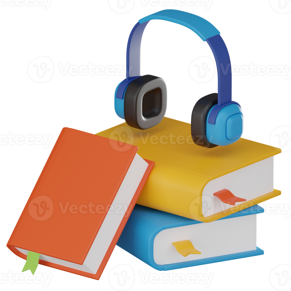 Audio Learning, 3D Icon of Headphones and Books for E-Learning Enthusiasts. 3D Render png