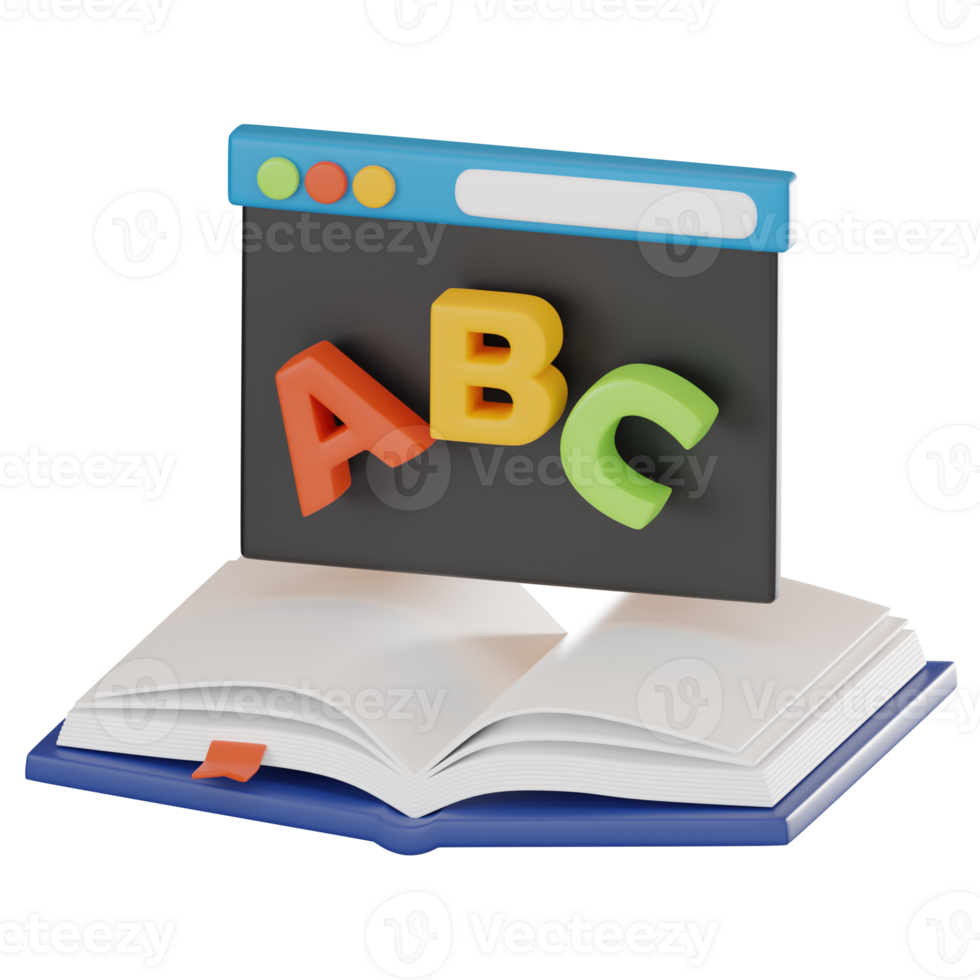 ABC on Open Book 3D Icon for Online Education and Learning. 3D render png