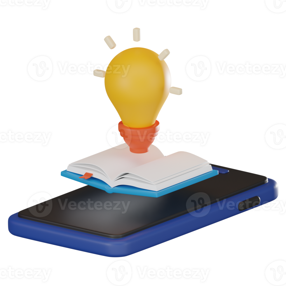 Book idea of Yellow Light Bulb and Open Book on smart phone for Creative Online Education. 3D render png