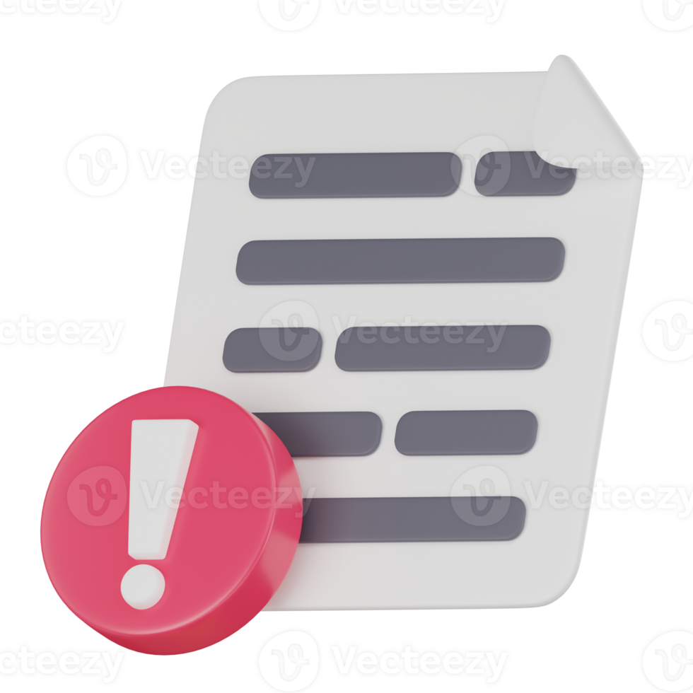 3D Icon Document Alert and Warning Symbol. 3D Render png
