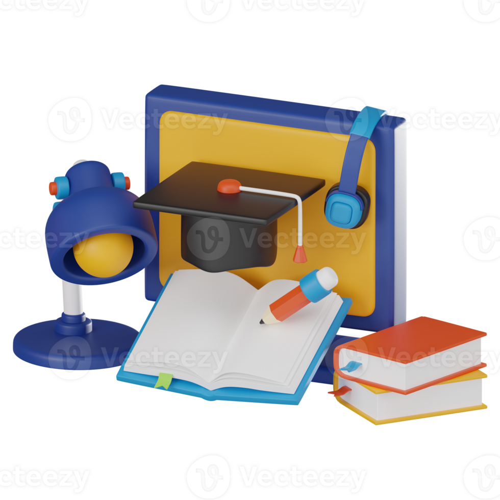 Online Learning, book and graduation hat, Academic Achievement. 3D render png