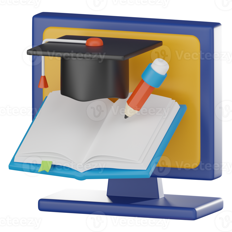 Online Learning, book and graduation hat, Academic Achievement. 3D render png