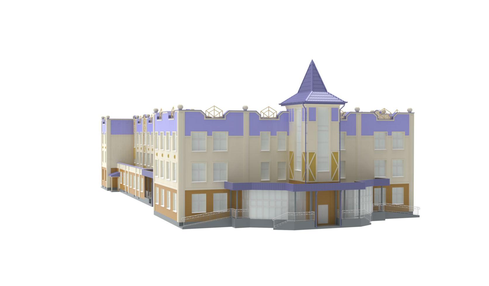 3d modelo de un edificio con un púrpura techo png