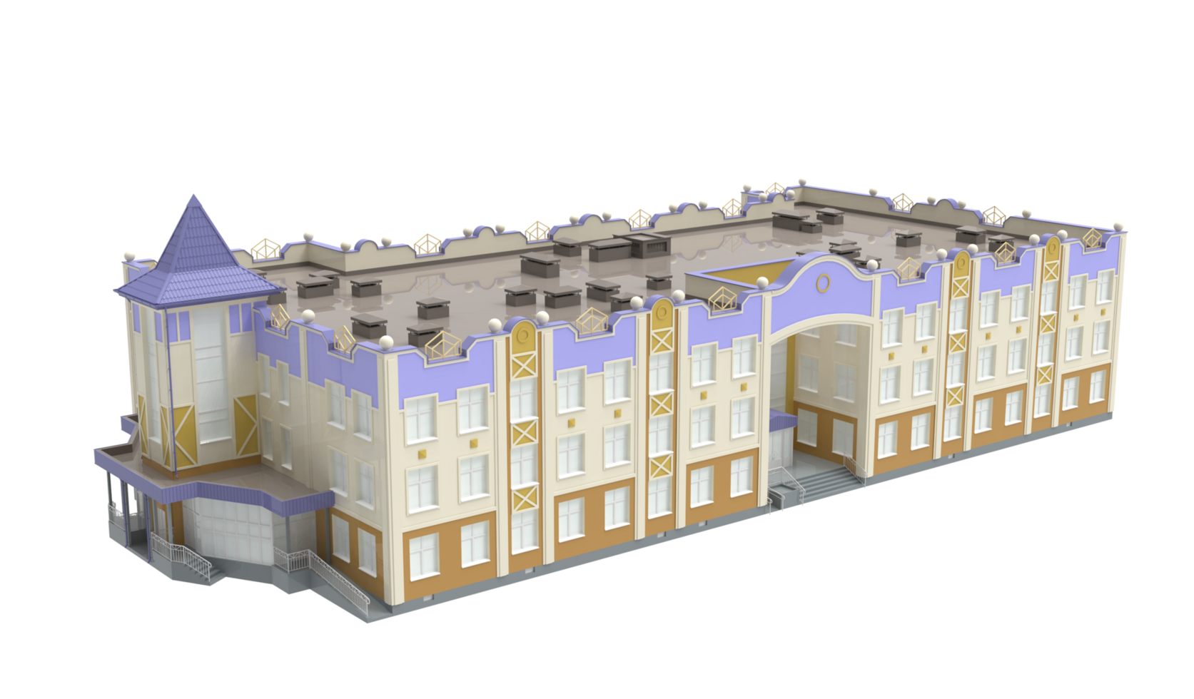 3d modelo de un edificio con un púrpura techo png