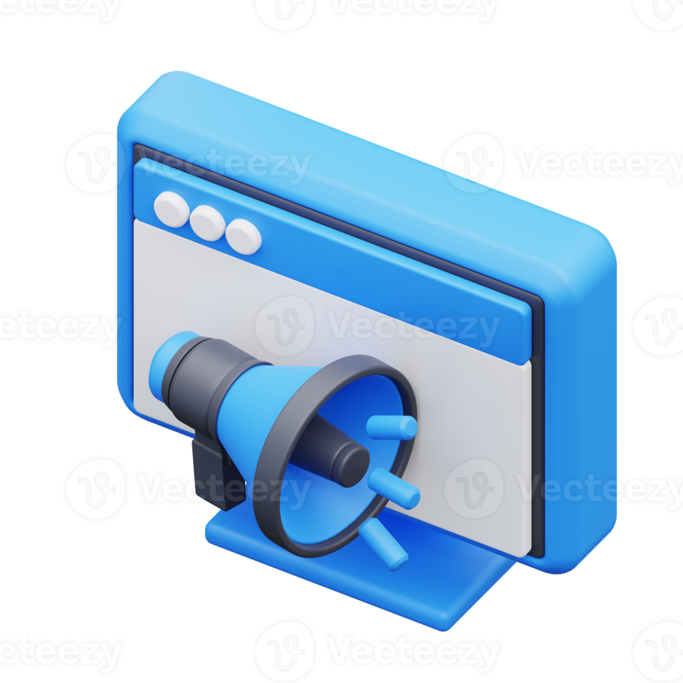 3d illustration of a computer monitor with a blue megaphone on it png