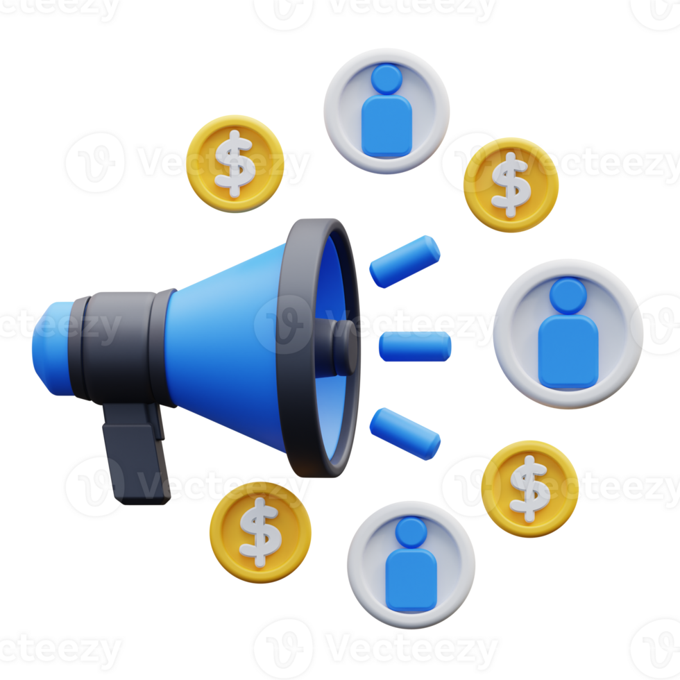 3d illustration megaphone with coins and people around it png