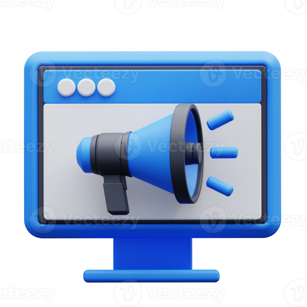 3d illustration of a computer monitor with a blue megaphone on it png