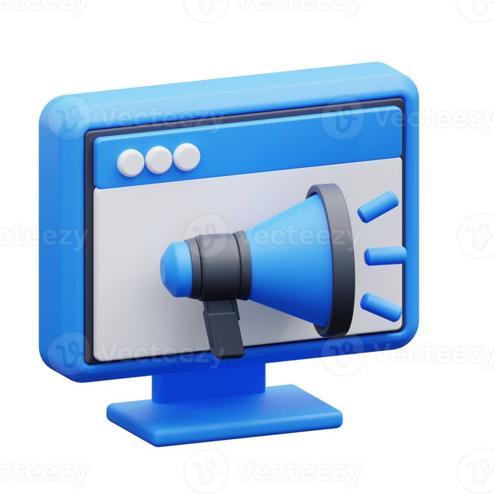 3d illustration of a computer monitor with a blue megaphone on it png