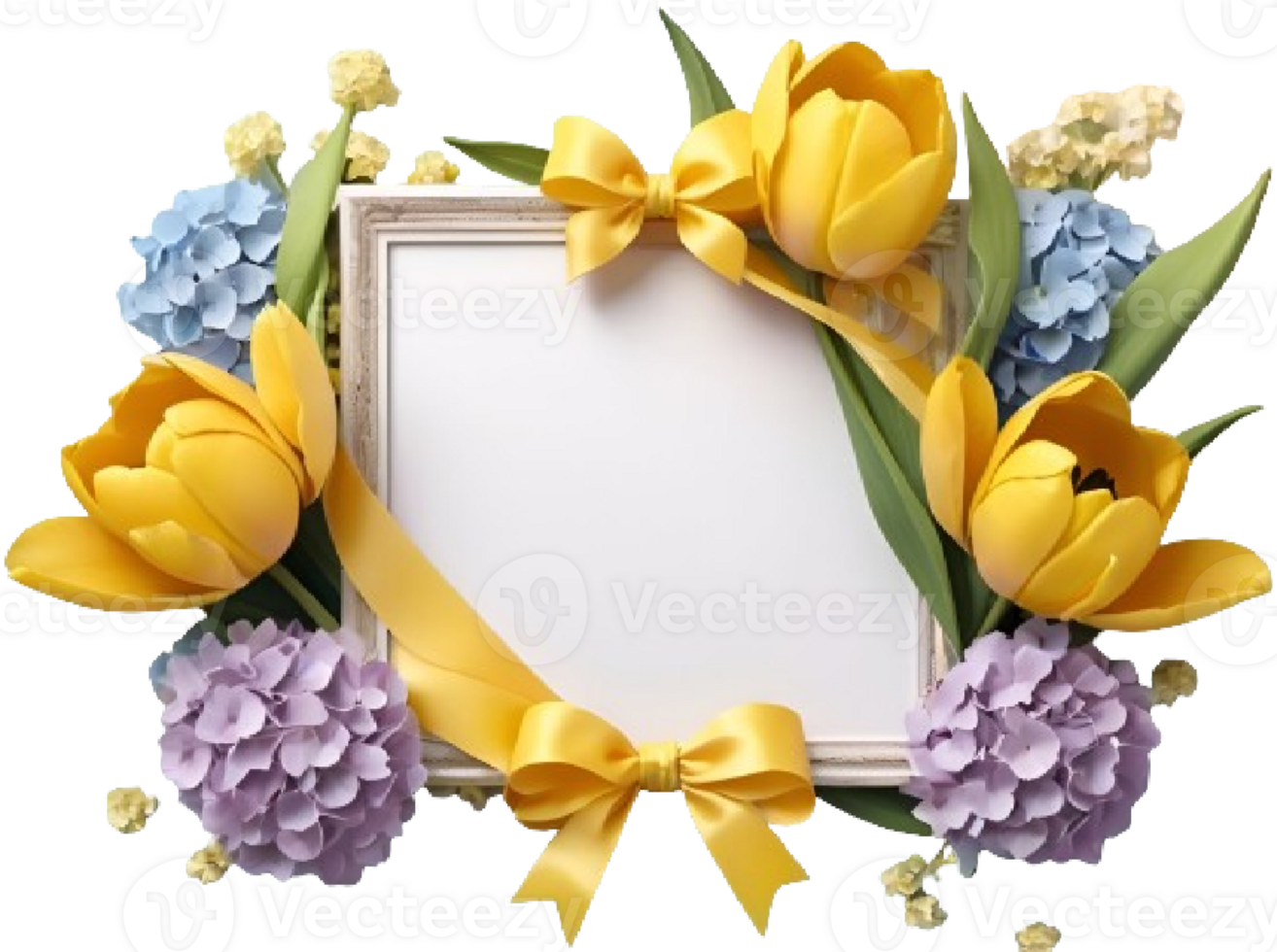 AI generated frame with yellow tulips and hydrangea png