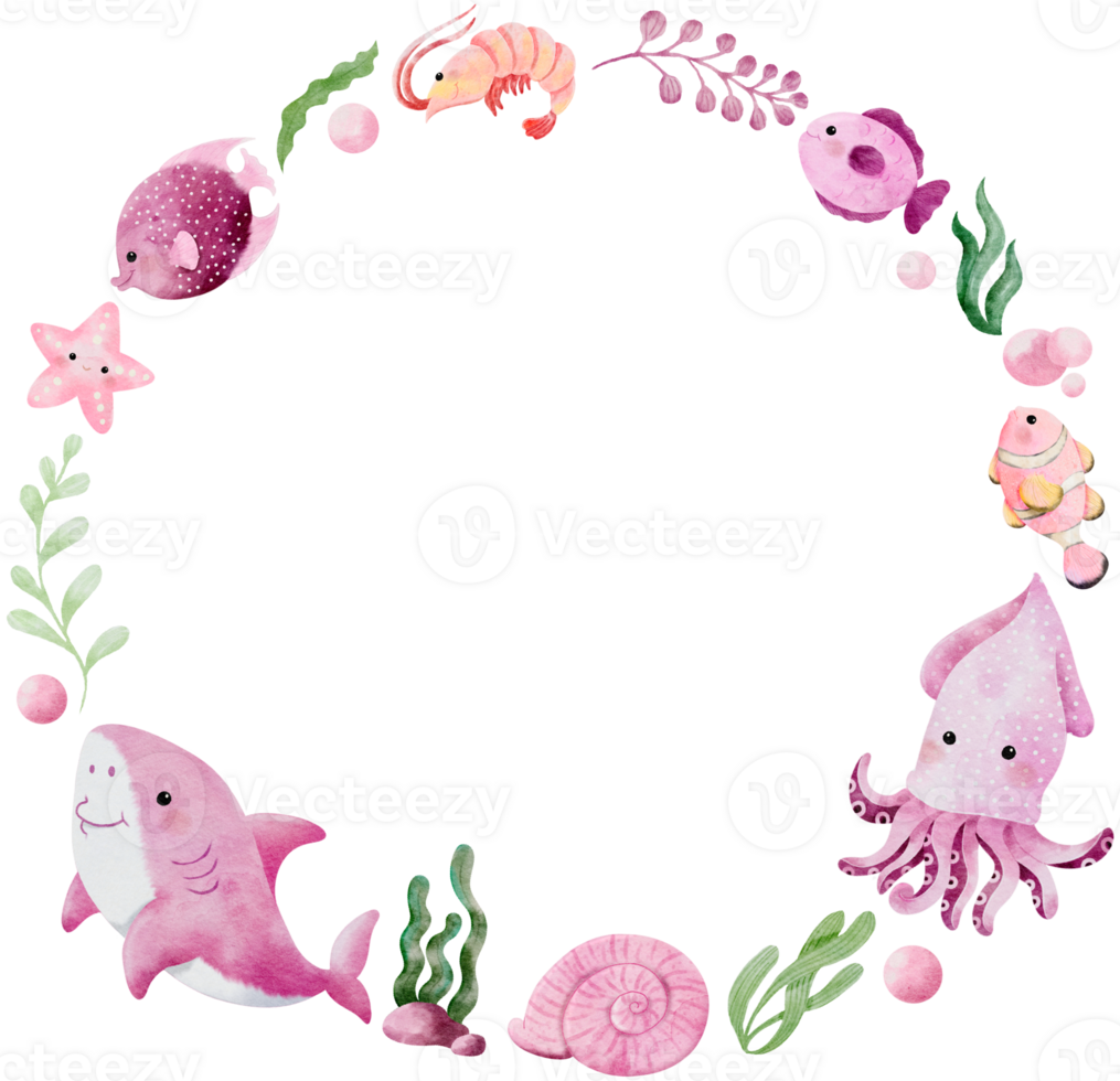 Watercolor hand drawn illustration of sea animals wreath in pink color png