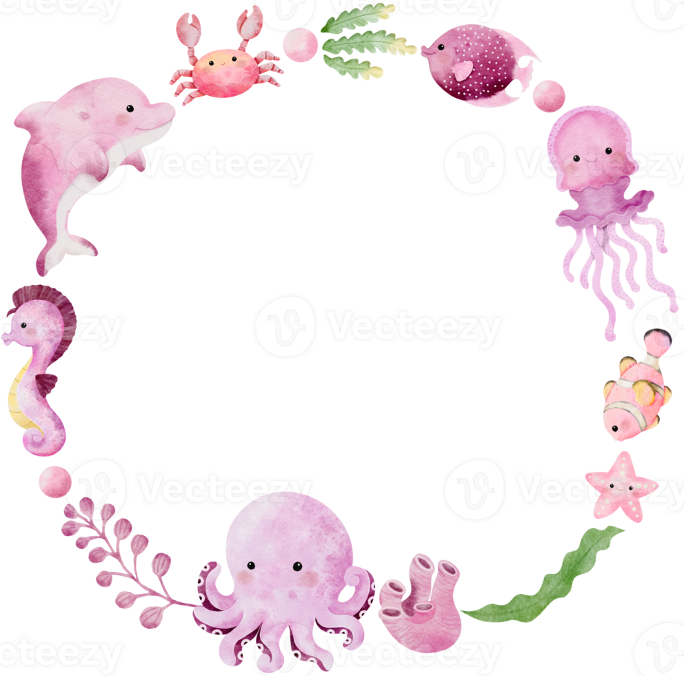 Watercolor hand drawn illustration of sea animals wreath in pink color png