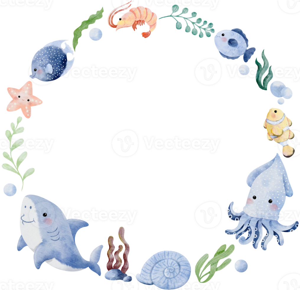 Watercolor hand drawn illustration of sea animals wreath in blue color png