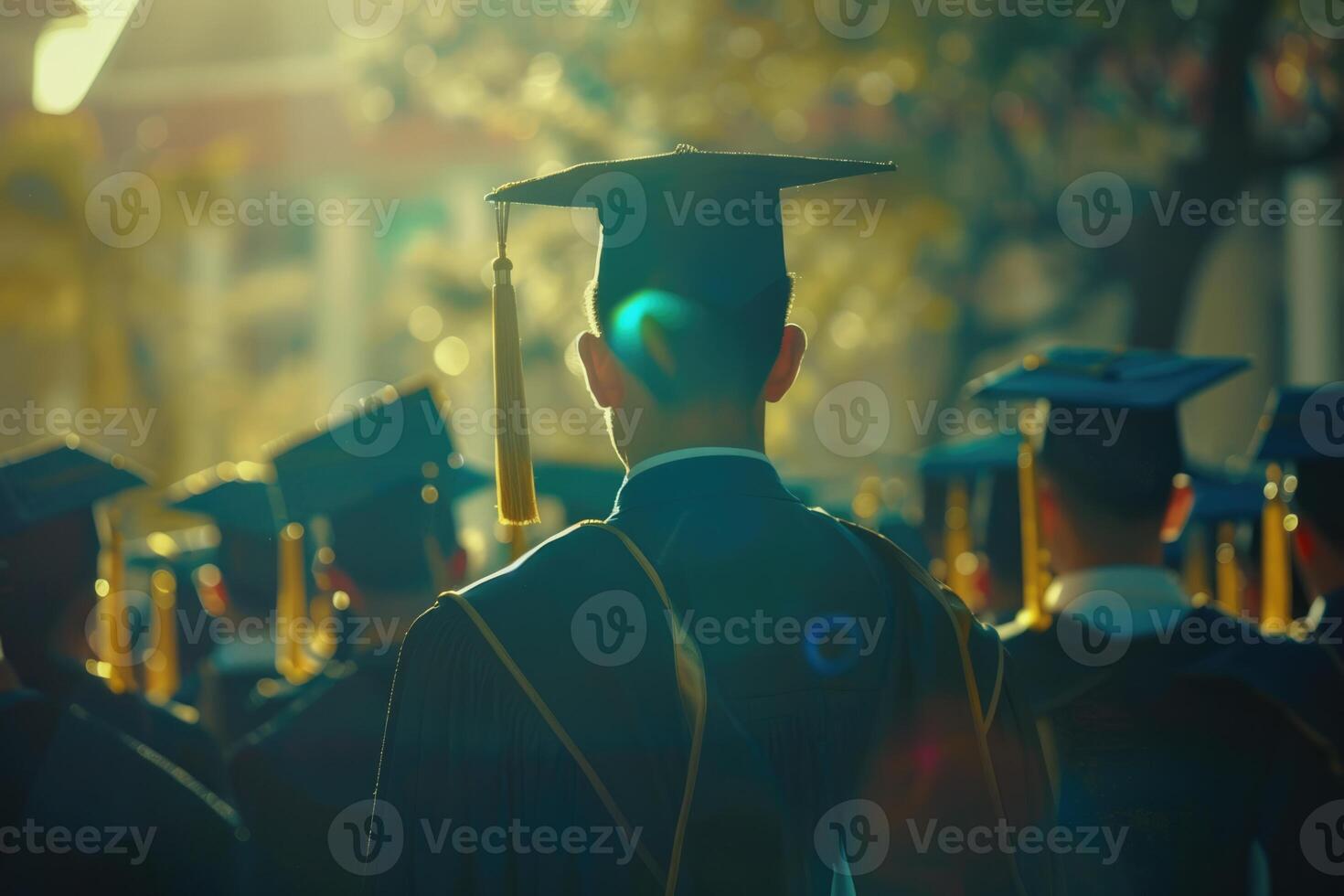 AI generated Rear view of university graduates wearing graduation gown and cap in the commencement day photo