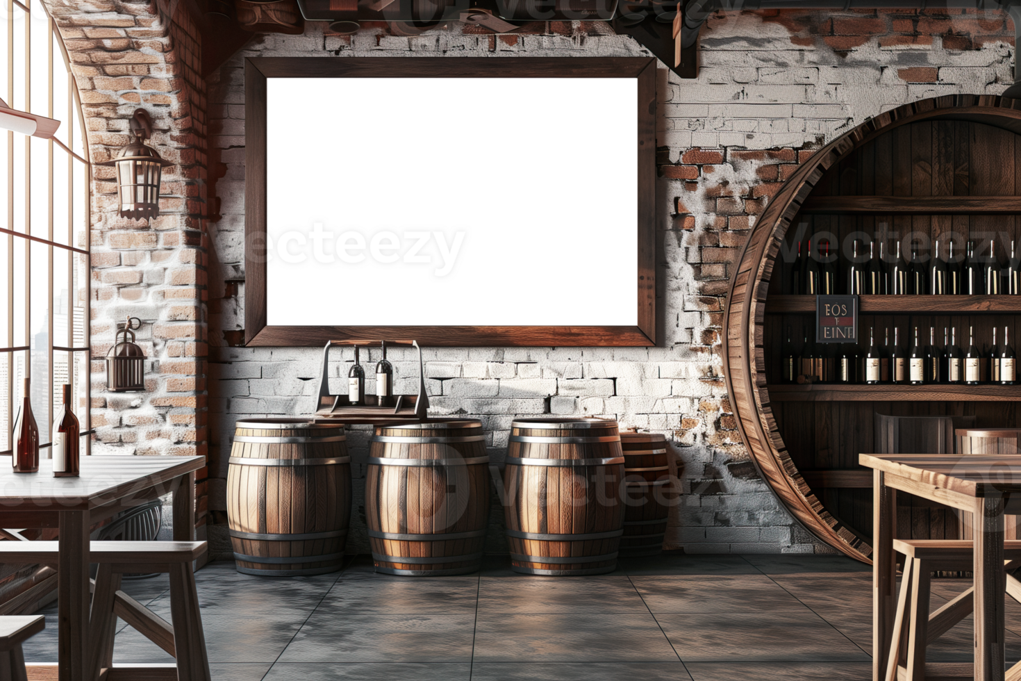 AI generated Horizontal frame mockup in wine restaurant with wooden barrels png