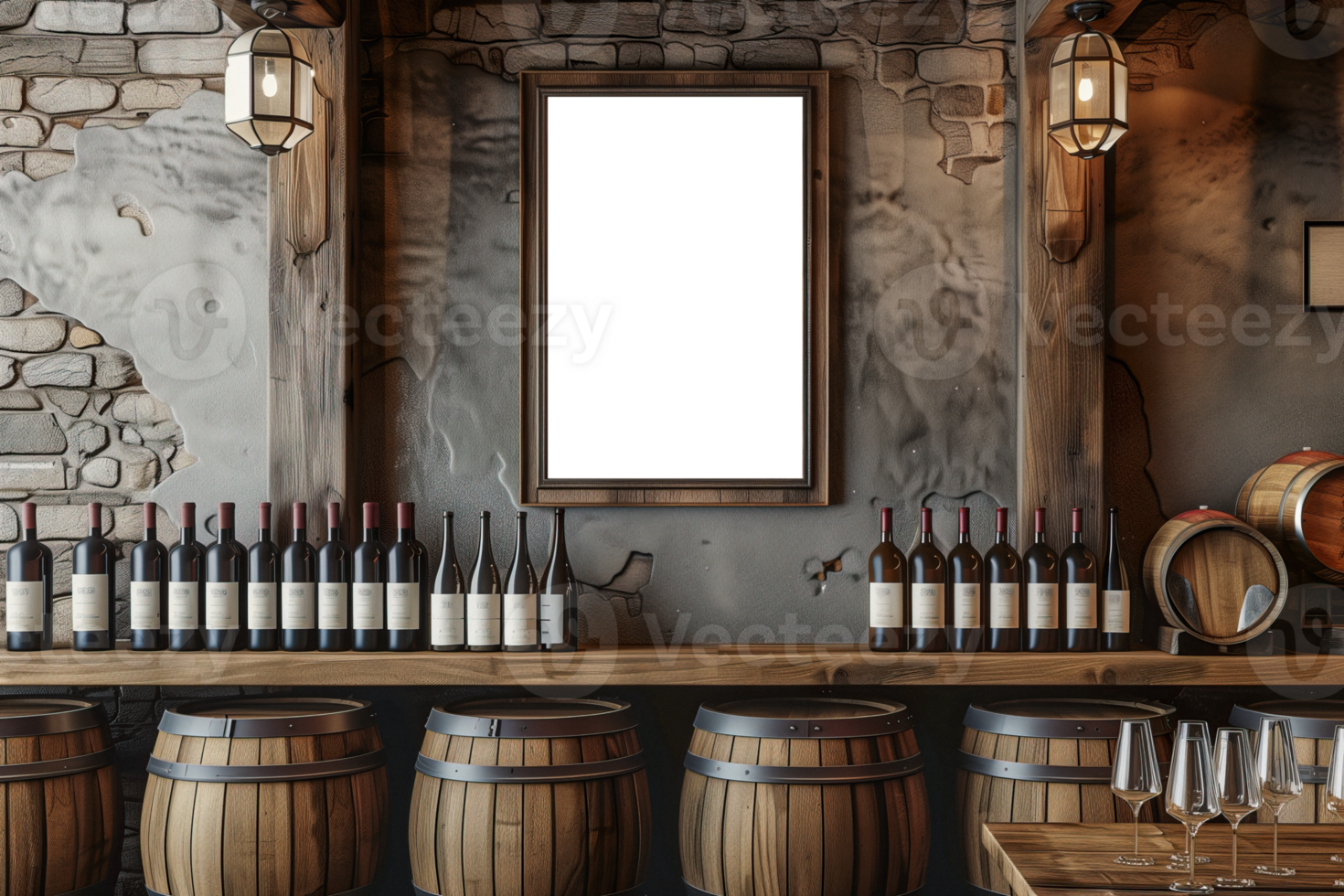 AI generated Vertical frame mockup in wine restaurant with glass bottles png