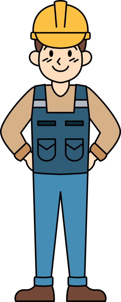 un dibujos animados hombre en un azul trabajo uniforme es sonriente png