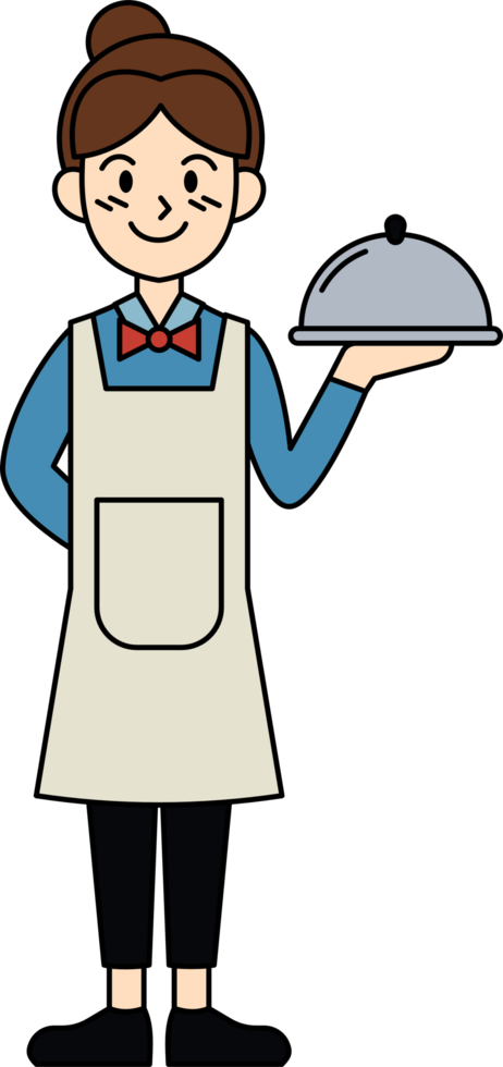 A woman in a blue apron holding a silver tray png