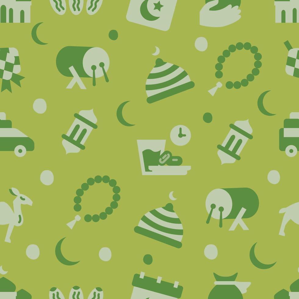 Seamless green pattern Ramadan flat elements background. Vector illustration.