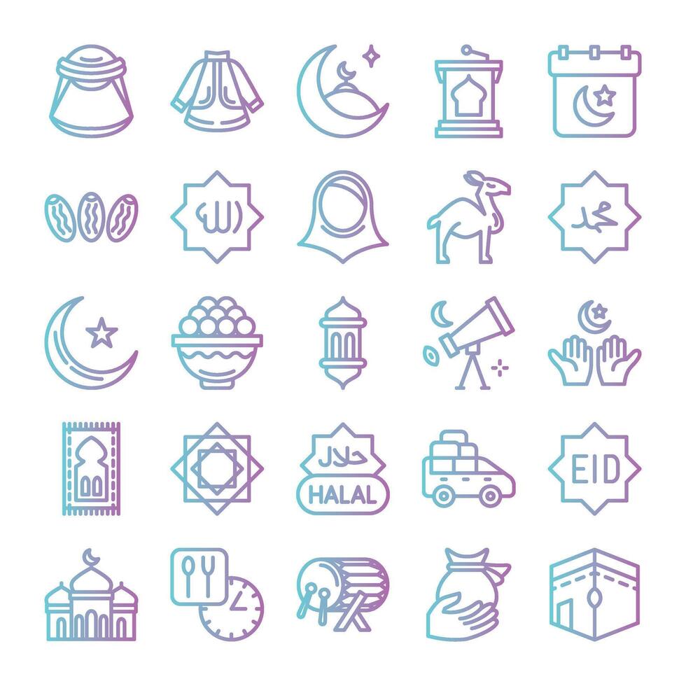 Ramadan icons bundle. Gradient outline icon style. Vector illustration.